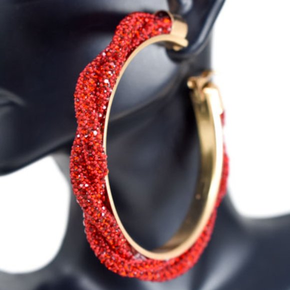 3" Boho Braid Twist Red Rhinestone Hoop Earrings - Picture 3 of 13